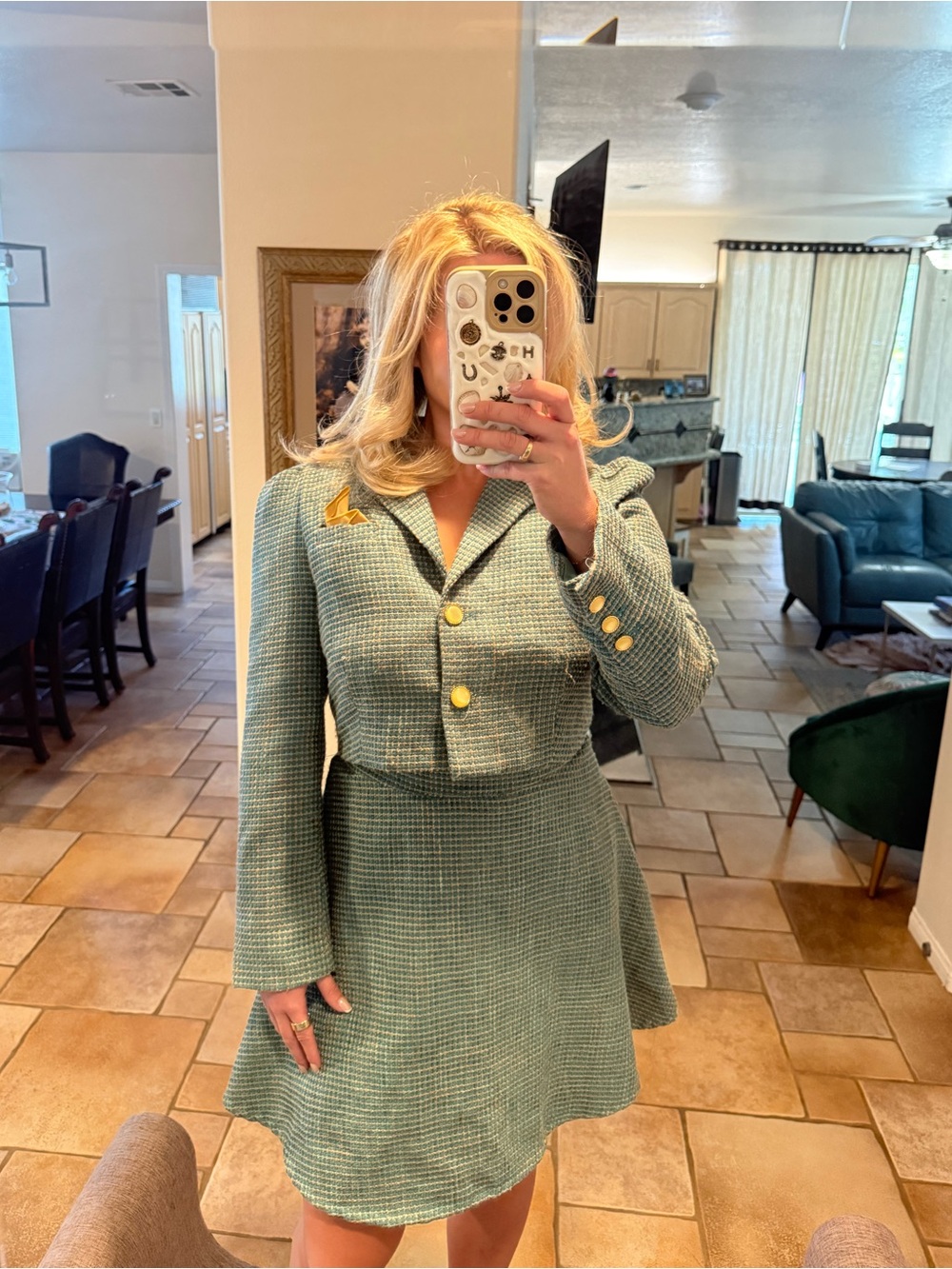 H by Halston Teal Tweed Cropped Blazer with Gold Buttons